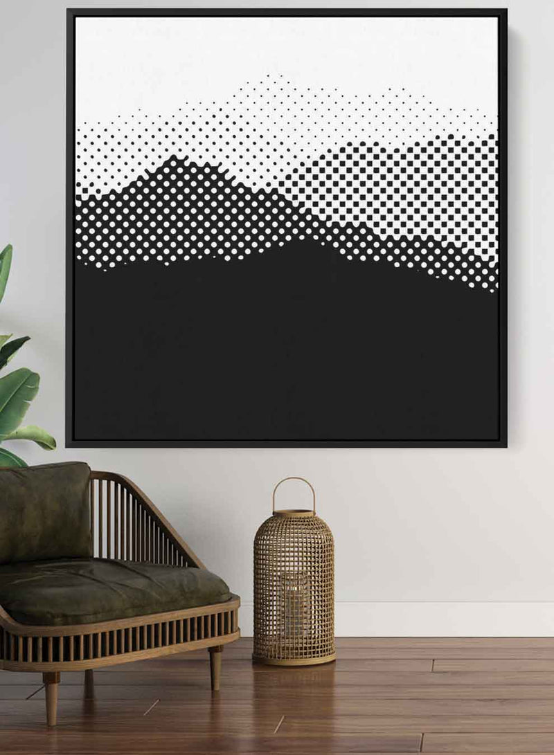 Square Canvas Wall Art Stretched Over Wooden Frame with Black Floating Frame and High Mountains Painting