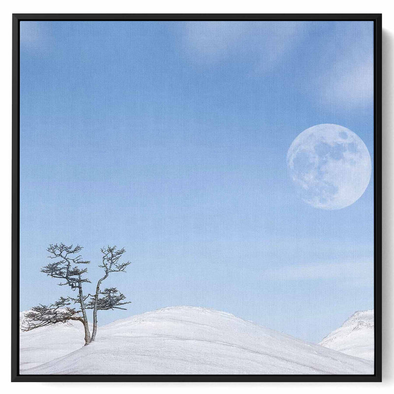 Square Canvas Wall Art Stretched Over Wooden Frame with Black Floating Frame and Moon On The Mountains Painting