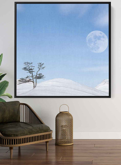 Square Canvas Wall Art Stretched Over Wooden Frame with Black Floating Frame and Moon On The Mountains Painting