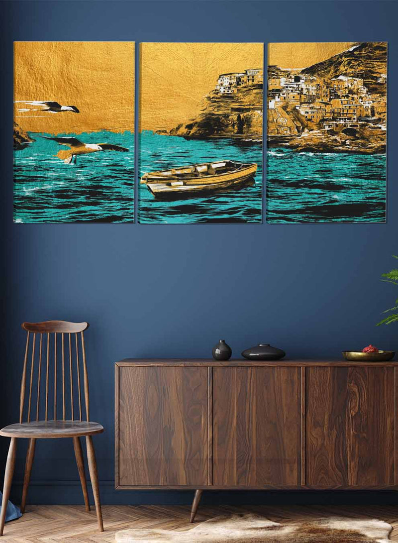 Sea Boat Birds Paintings(set of 3)