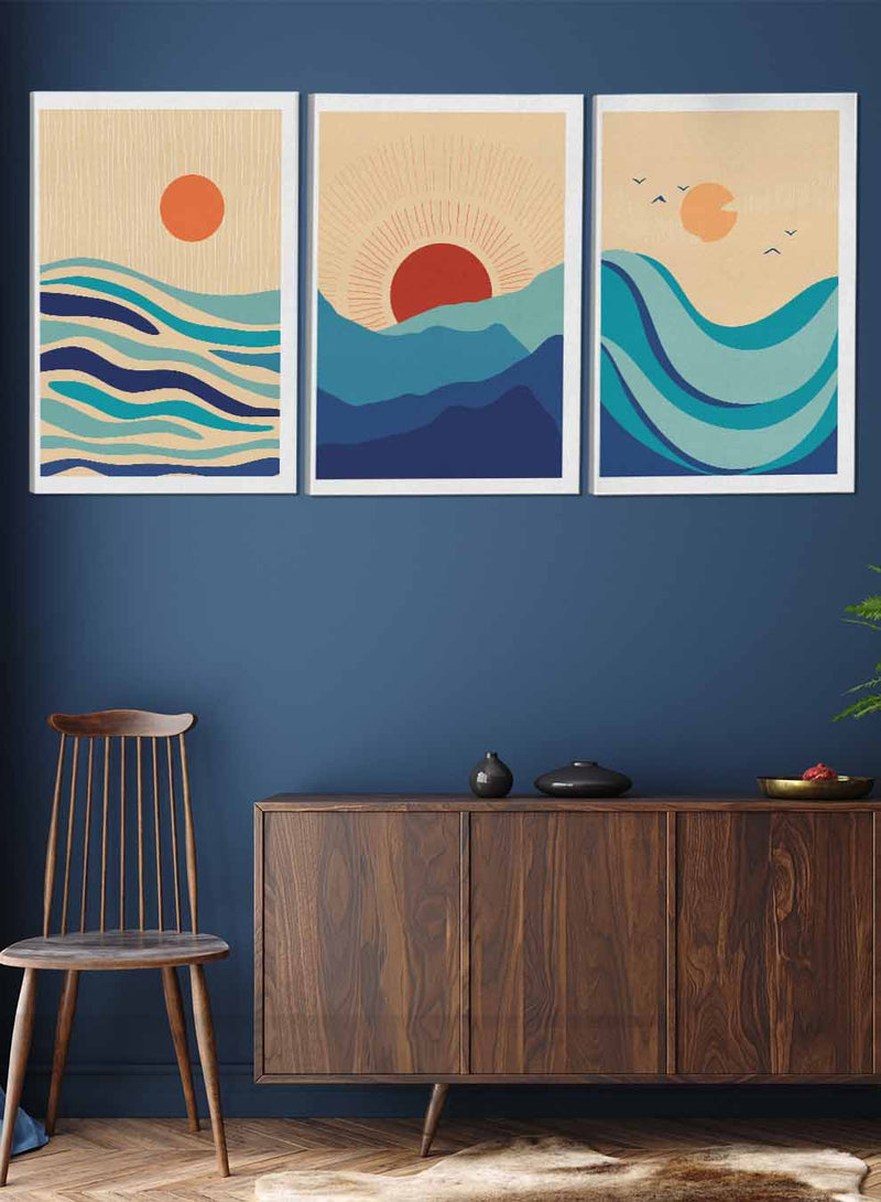 Sea Mountain Sun Bird Abstract Paintings(set of 3)
