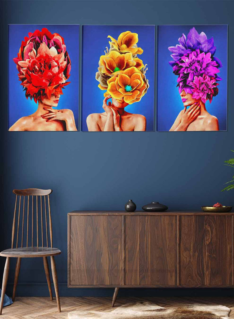 Girls With Flower Abstract Paintings(set of 3)