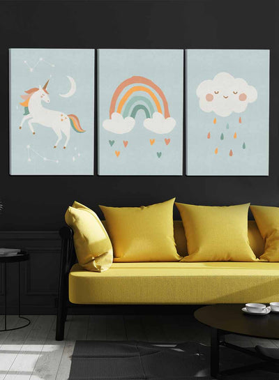 Kids Clouds Rain Hearts Shapes Paintings(set of 3)