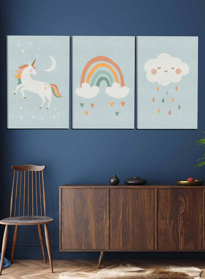 Kids Clouds Rain Hearts Shapes Paintings(set of 3)