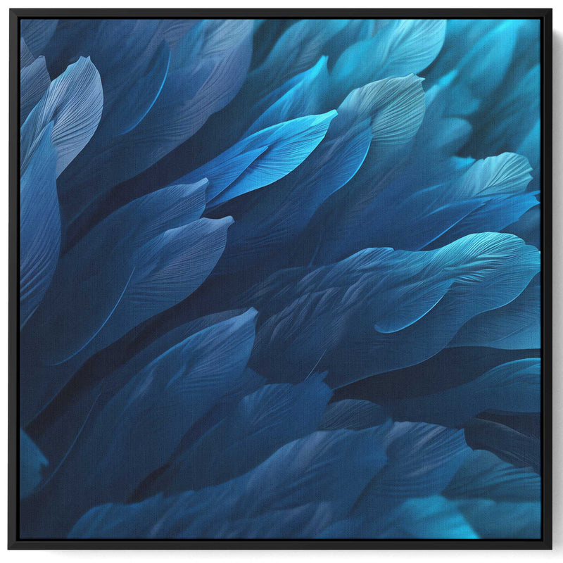 Square Canvas Wall Art Stretched Over Wooden Frame with Black Floating Frame and Blue Birds Feathers Painting