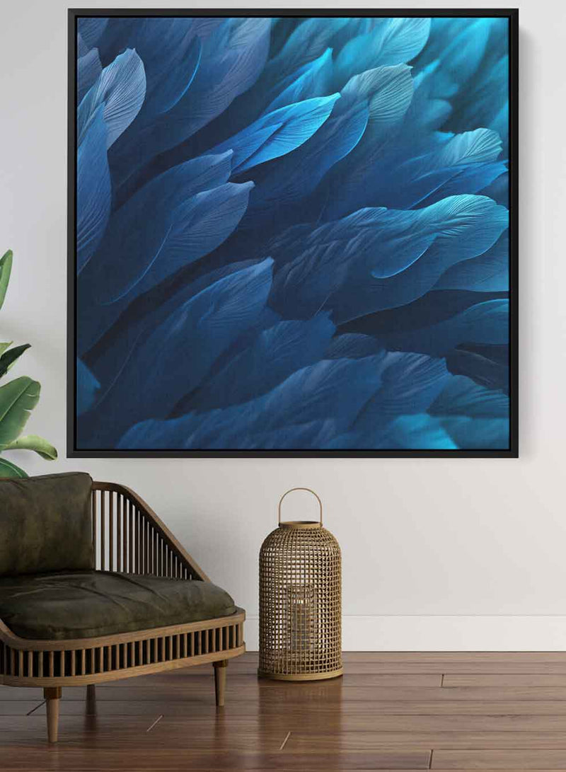 Square Canvas Wall Art Stretched Over Wooden Frame with Black Floating Frame and Blue Birds Feathers Painting