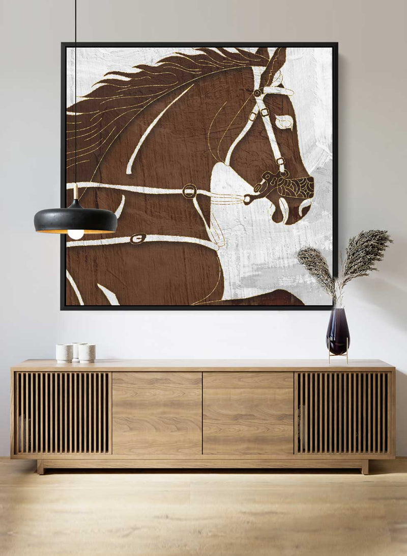 Square Canvas Wall Art Stretched Over Wooden Frame with Black Floating Frame and Warrior Horse Abstract Painting