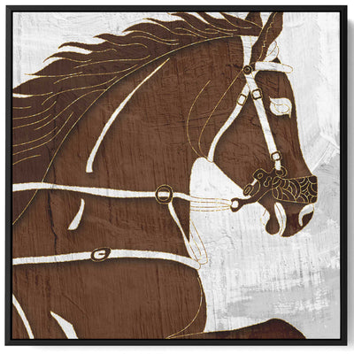 Square Canvas Wall Art Stretched Over Wooden Frame with Black Floating Frame and Warrior Horse Abstract Painting