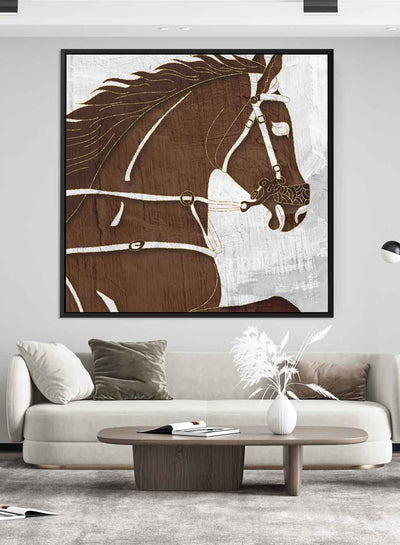 Square Canvas Wall Art Stretched Over Wooden Frame with Black Floating Frame and Warrior Horse Abstract Painting