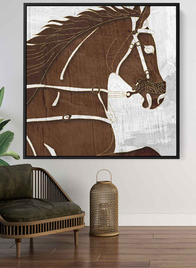 Square Canvas Wall Art Stretched Over Wooden Frame with Black Floating Frame and Warrior Horse Abstract Painting