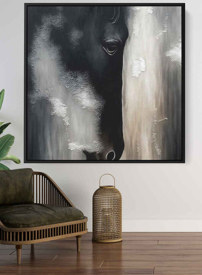 Square Canvas Wall Art Stretched Over Wooden Frame with Black Floating Frame and Horse Face Abstract Painting