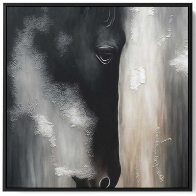 Square Canvas Wall Art Stretched Over Wooden Frame with Black Floating Frame and Horse Face Abstract Painting
