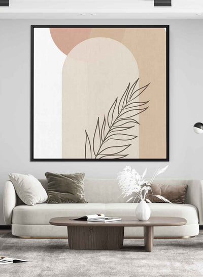 Square Canvas Wall Art Stretched Over Wooden Frame with Black Floating Frame and Leave Abstract Painting