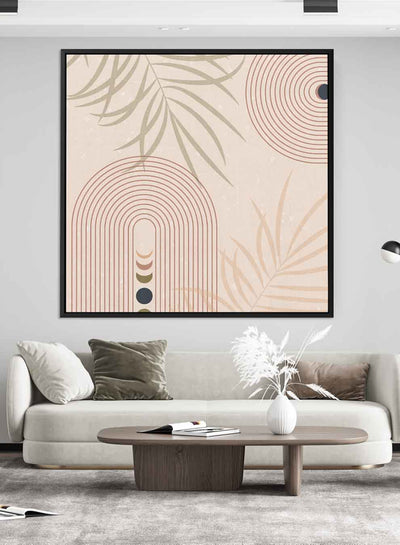 Square Canvas Wall Art Stretched Over Wooden Frame with Black Floating Frame and Moon Phases Abstract Painting