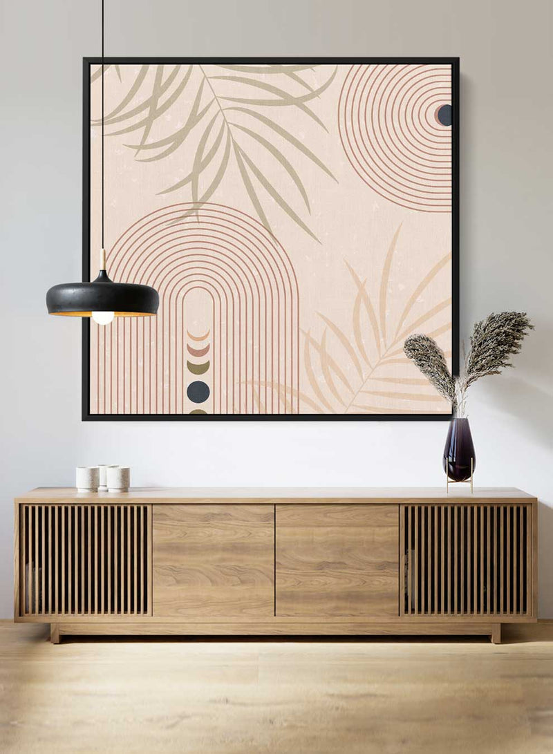 Square Canvas Wall Art Stretched Over Wooden Frame with Black Floating Frame and Moon Phases Abstract Painting