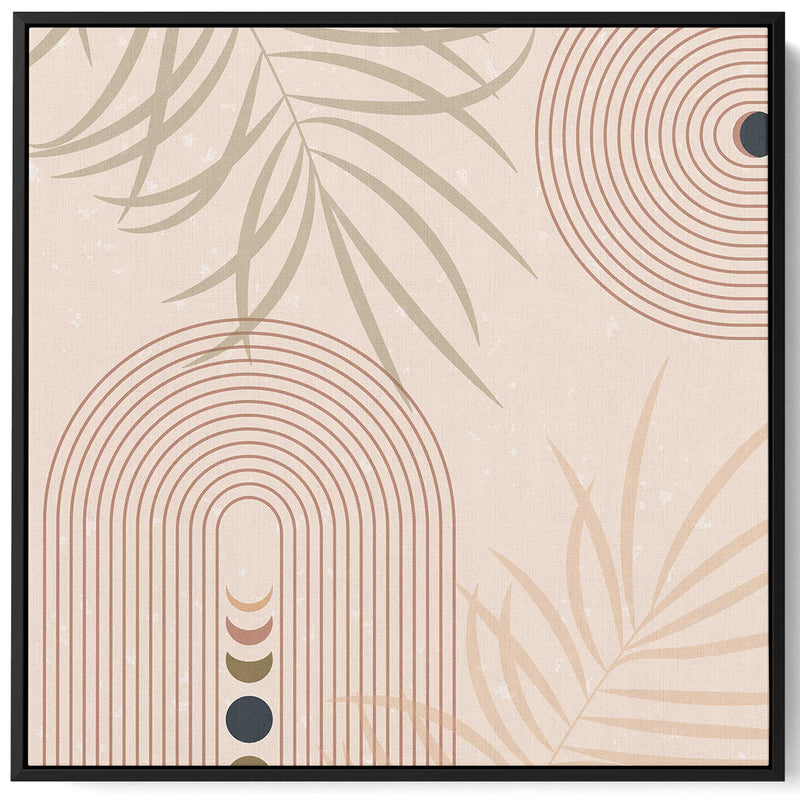 Square Canvas Wall Art Stretched Over Wooden Frame with Black Floating Frame and Moon Phases Abstract Painting