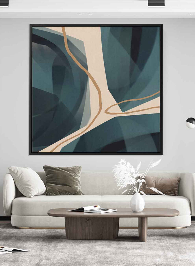 Square Canvas Wall Art Stretched Over Wooden Frame with Black Floating Frame and Elegant Pearls Abstract Painting