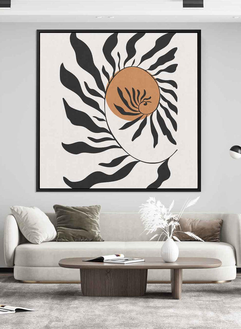 Square Canvas Wall Art Stretched Over Wooden Frame with Black Floating Frame and Trendy Floral Abstract Painting