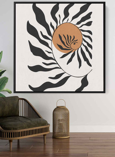 Square Canvas Wall Art Stretched Over Wooden Frame with Black Floating Frame and Trendy Floral Abstract Painting