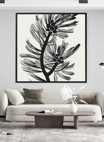 Square Canvas Wall Art Stretched Over Wooden Frame with Black Floating Frame and Trendy Botanical Art Abstract Painting