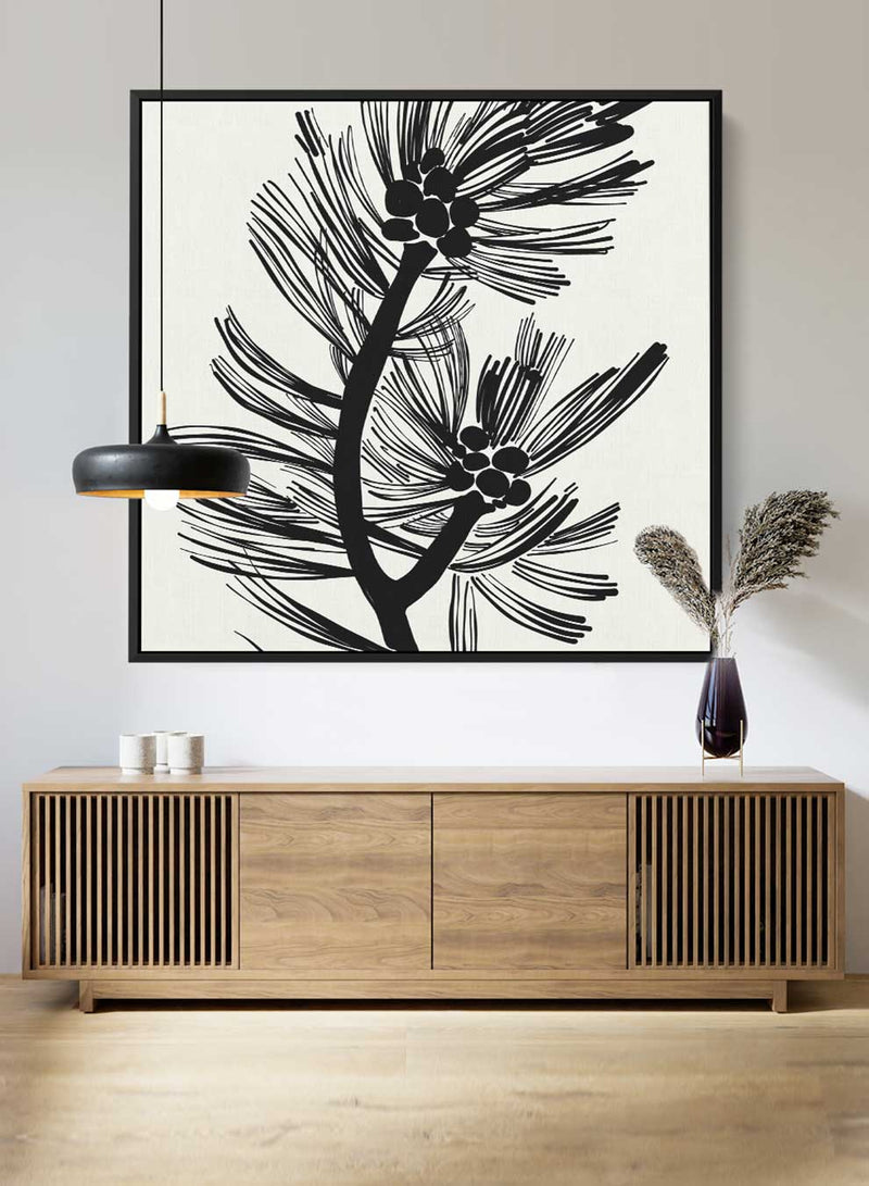 Square Canvas Wall Art Stretched Over Wooden Frame with Black Floating Frame and Trendy Botanical Art Abstract Painting
