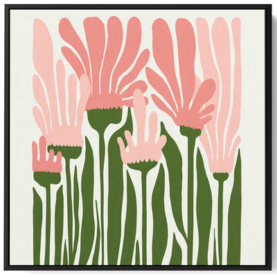 Square Canvas Wall Art Stretched Over Wooden Frame with Black Floating Frame and Abstract Floral Painting