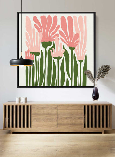 Square Canvas Wall Art Stretched Over Wooden Frame with Black Floating Frame and Abstract Floral Painting