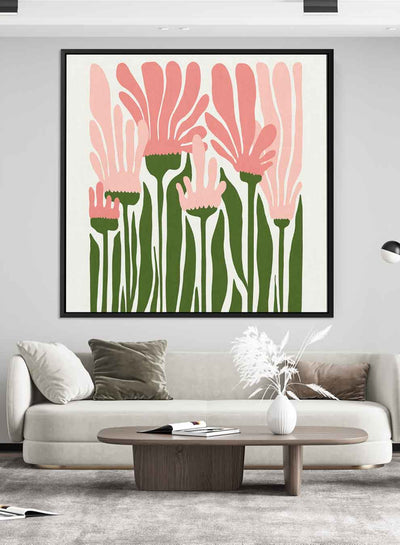 Square Canvas Wall Art Stretched Over Wooden Frame with Black Floating Frame and Abstract Floral Painting