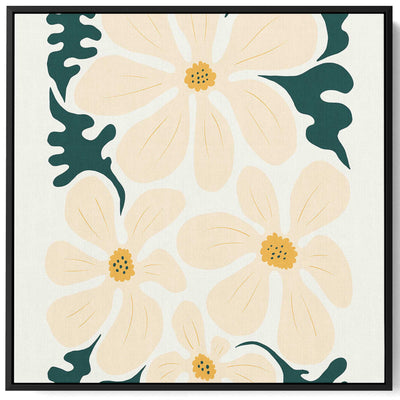 Square Canvas Wall Art Stretched Over Wooden Frame with Black Floating Frame and Trendy Abstract Floral Painting