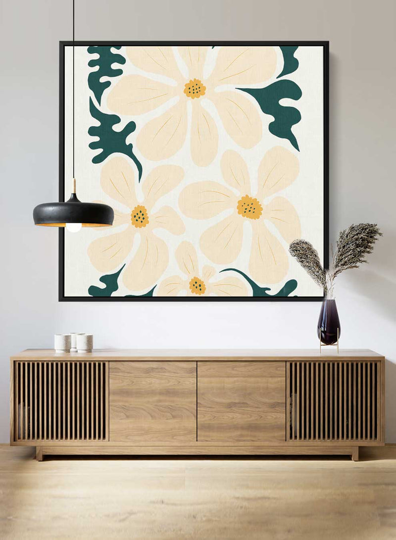 Square Canvas Wall Art Stretched Over Wooden Frame with Black Floating Frame and Trendy Abstract Floral Painting