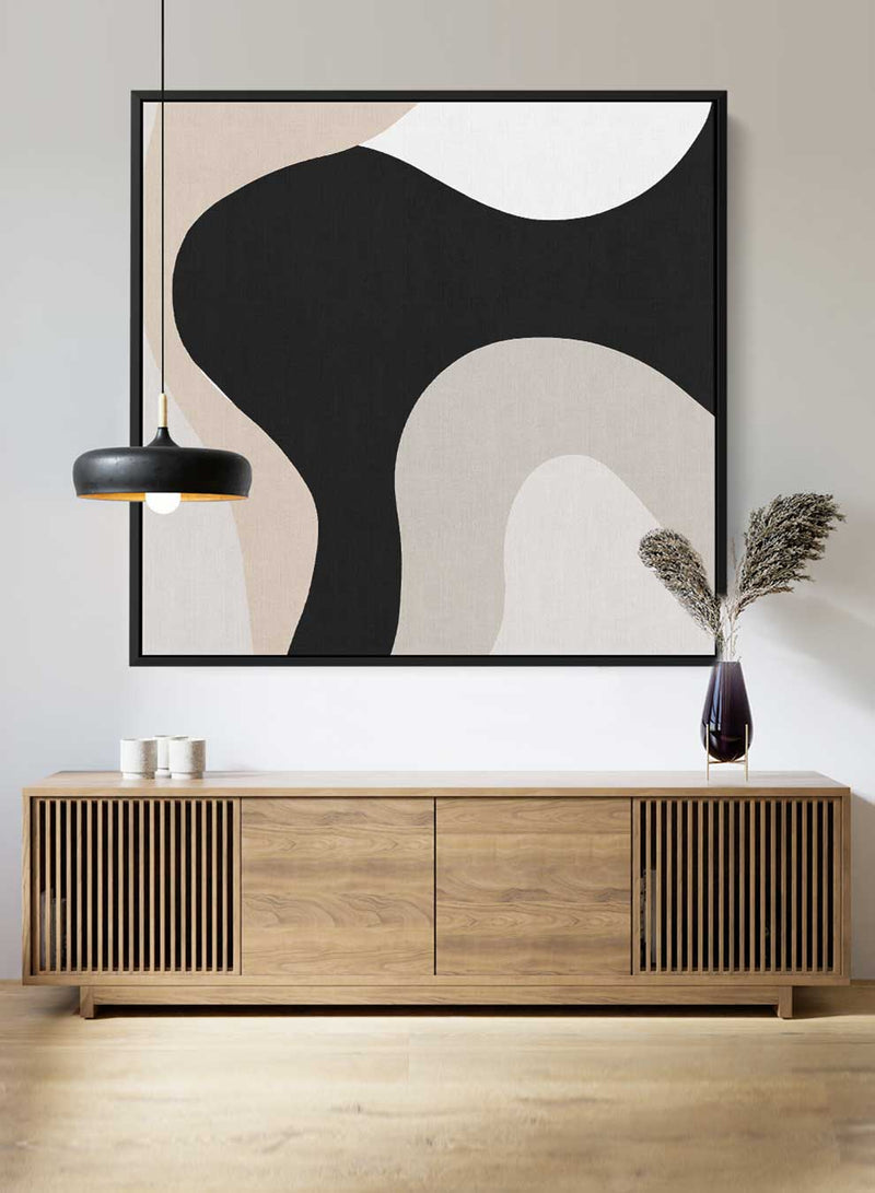 Square Canvas Wall Art Stretched Over Wooden Frame with Black Floating Frame and Curved Stripes Abstract Painting