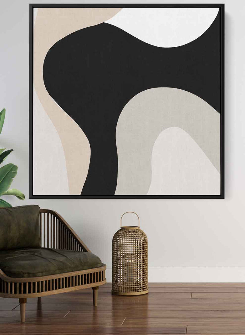 Square Canvas Wall Art Stretched Over Wooden Frame with Black Floating Frame and Curved Stripes Abstract Painting