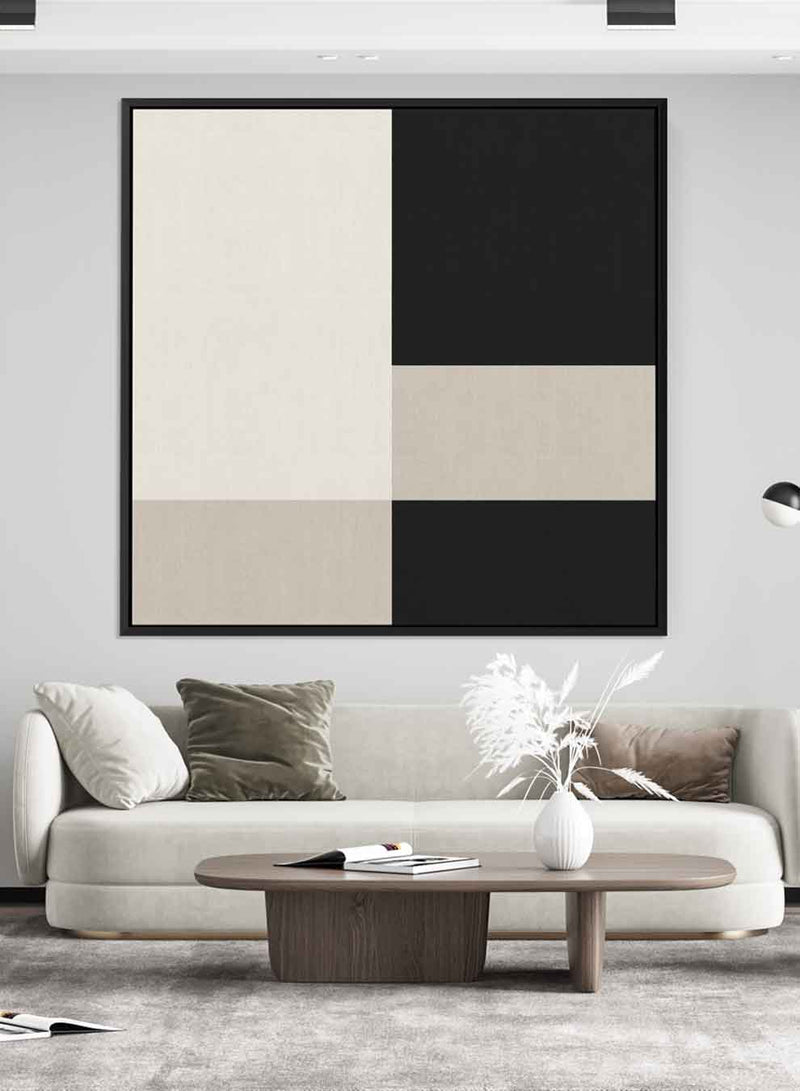 Square Canvas Wall Art Stretched Over Wooden Frame with Black Floating Frame and Nordic Squares Abstract Painting