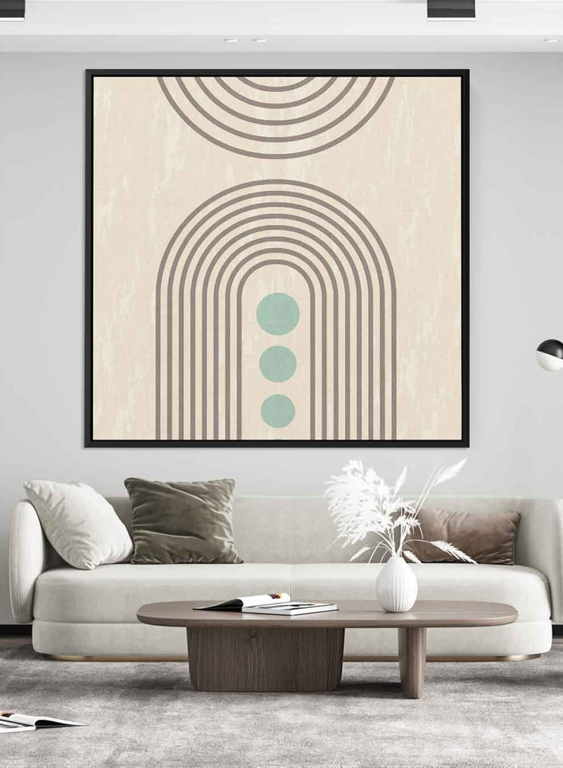 Square Canvas Wall Art Stretched Over Wooden Frame with Black Floating Frame and Light Abstract Painting
