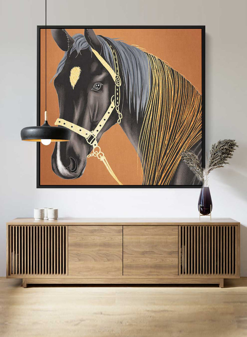 Square Canvas Wall Art Stretched Over Wooden Frame with Black Floating Frame and Horse Abstract Painting