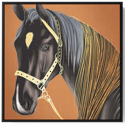 Square Canvas Wall Art Stretched Over Wooden Frame with Black Floating Frame and Horse Abstract Painting