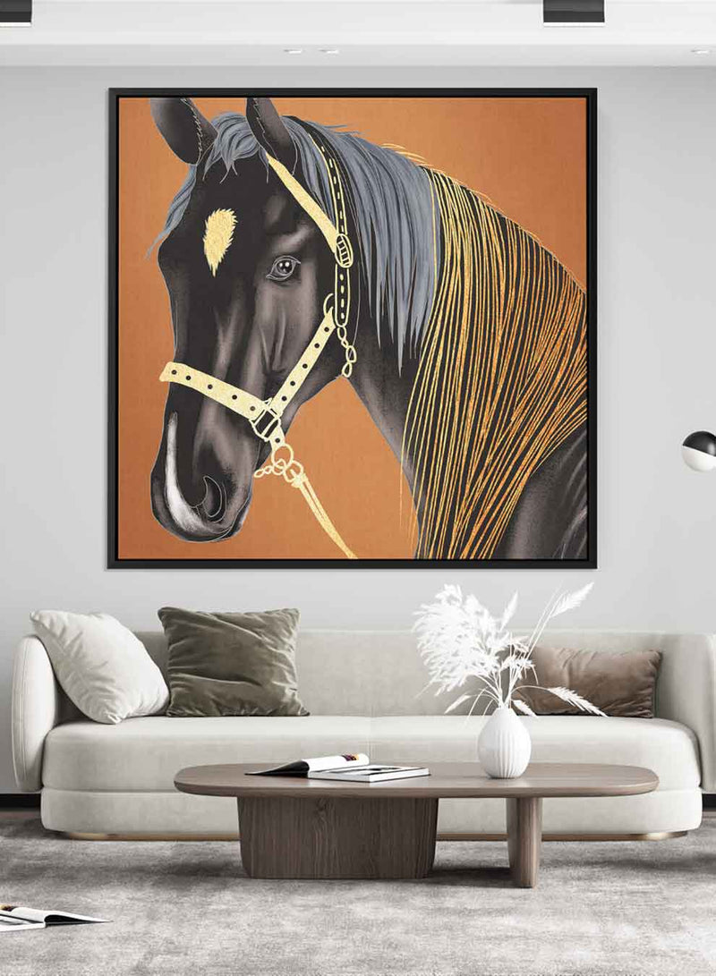 Square Canvas Wall Art Stretched Over Wooden Frame with Black Floating Frame and Horse Abstract Painting