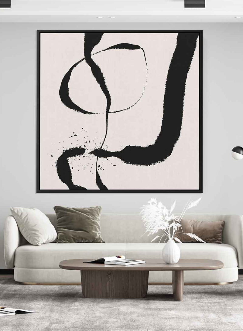 Square Canvas Wall Art Stretched Over Wooden Frame with Black Floating Frame and Black Abstract Painting