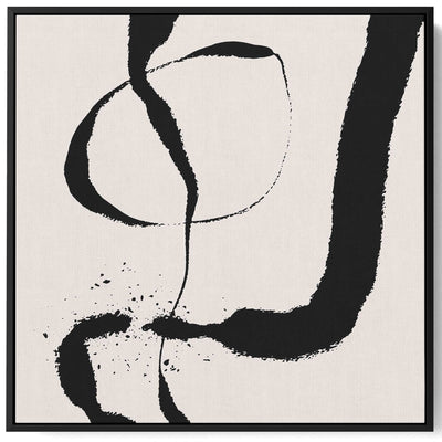 Square Canvas Wall Art Stretched Over Wooden Frame with Black Floating Frame and Black Abstract Painting