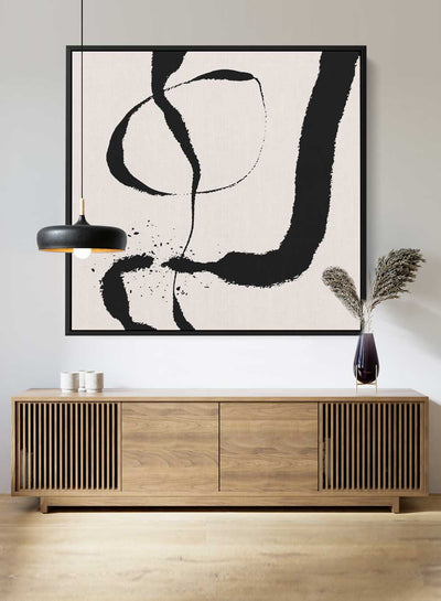 Square Canvas Wall Art Stretched Over Wooden Frame with Black Floating Frame and Black Abstract Painting