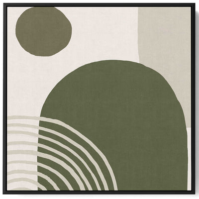 Square Canvas Wall Art Stretched Over Wooden Frame with Black Floating Frame and Green Abstract Painting