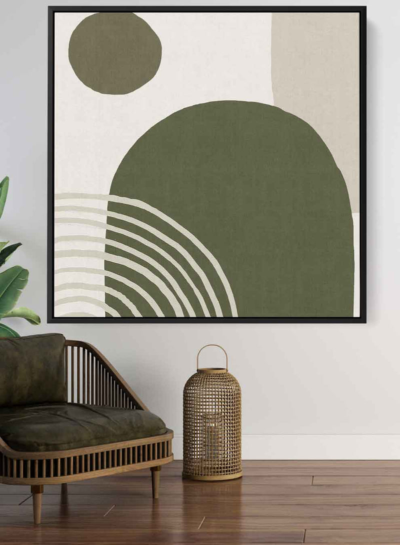 Square Canvas Wall Art Stretched Over Wooden Frame with Black Floating Frame and Green Abstract Painting
