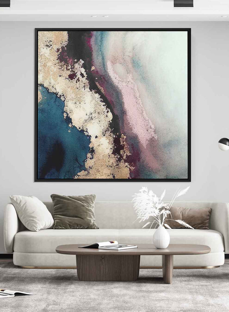 Square Canvas Wall Art Stretched Over Wooden Frame with Black Floating Frame and Multicolor Abstract Painting