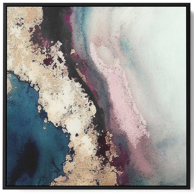 Square Canvas Wall Art Stretched Over Wooden Frame with Black Floating Frame and Multicolor Abstract Painting