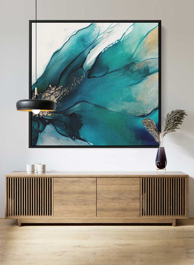 Square Canvas Wall Art Stretched Over Wooden Frame with Black Floating Frame and Green Blue Abstract Painting