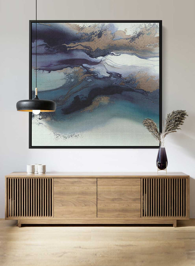 Square Canvas Wall Art Stretched Over Wooden Frame with Black Floating Frame and Mix Colors Abstract Painting