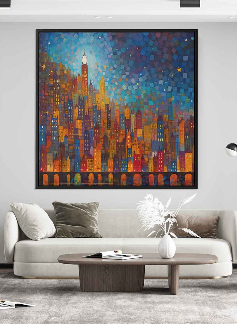 Square Canvas Wall Art Stretched Over Wooden Frame with Black Floating Frame and Night On The City Painting