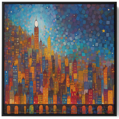 Square Canvas Wall Art Stretched Over Wooden Frame with Black Floating Frame and Night On The City Painting