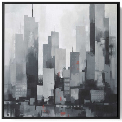 Square Canvas Wall Art Stretched Over Wooden Frame with Black Floating Frame and Cityscapes Of The City Painting