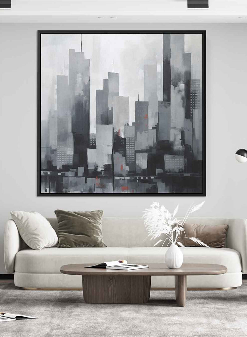 Square Canvas Wall Art Stretched Over Wooden Frame with Black Floating Frame and Cityscapes Of The City Painting